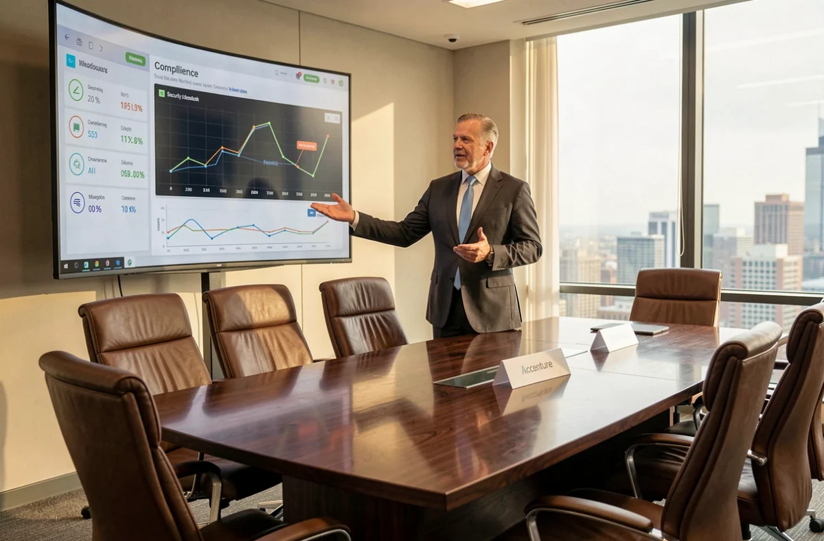 Consultant senior d'Accenture présentant des métriques de conformité cybersécurité à un conseil d'administration dans une salle de réunion haut de gamme