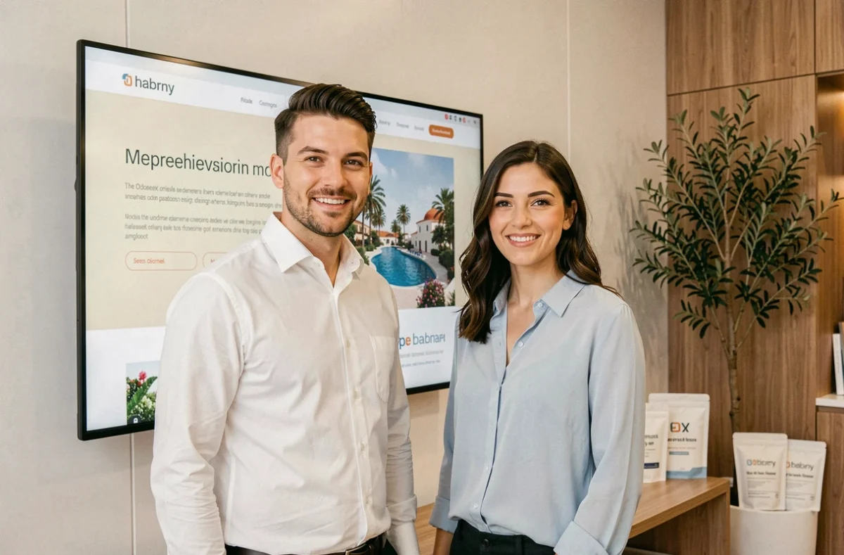 Équipe fondatrice de l'agence Aikini présentant un design web méditerranéen élégant dans leurs bureaux contemporains