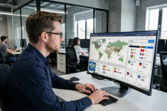 Technicien IT analysant des données de géolocalisation d'adresse IP sur un écran d'ordinateur dans un bureau moderne