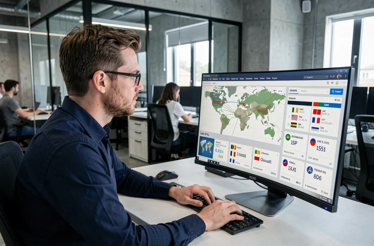 Technicien IT analysant des données de géolocalisation d'adresse IP sur un écran d'ordinateur dans un bureau moderne