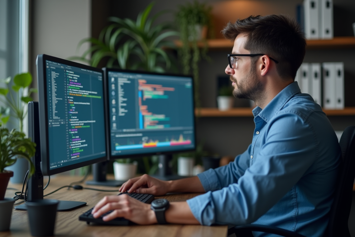 Homme concentré analysant des logs sur deux écrans au bureau