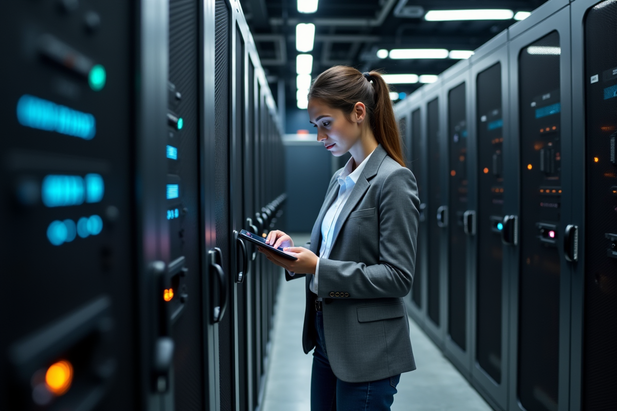 Jeune analyste cybersécurité vérifiant un pare-feu sur tablette