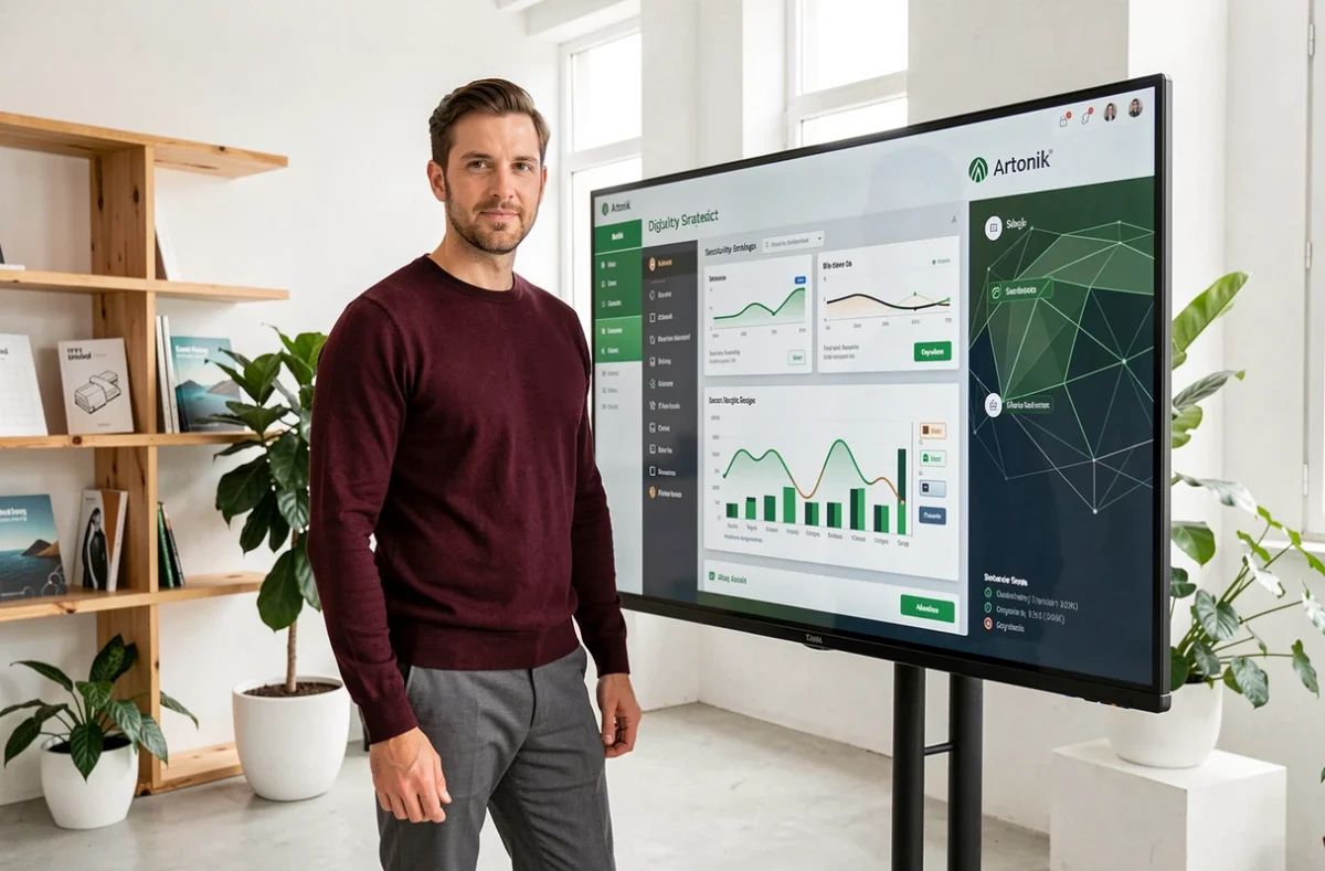 Stratège en sécurité numérique d'Artonik présentant un tableau de bord d'audit cybersécurité sur un grand écran tactile dans un studio créatif