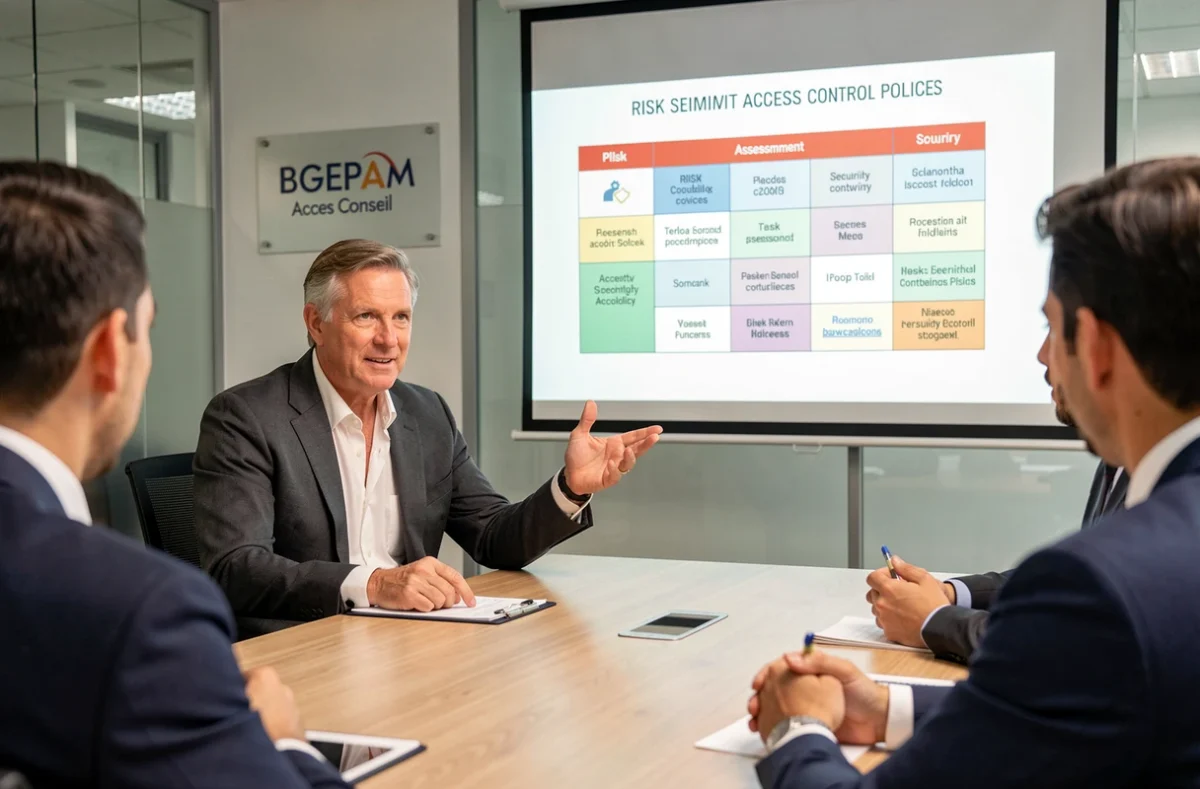 Consultant senior de BGEPAM Acces Conseil présentant une matrice d'évaluation des risques de contrôle d'accès à une équipe client