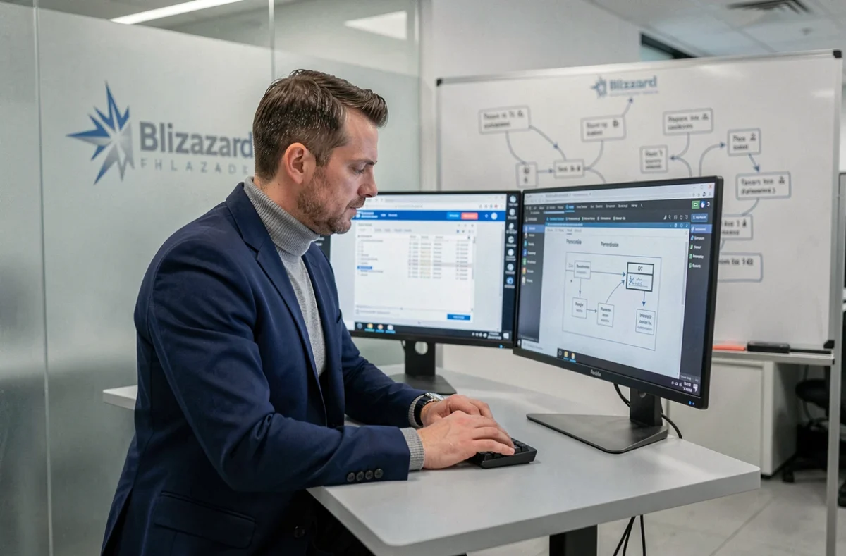 Consultant en cybersécurité de Blizzard analysant des rapports de test d'intrusion sur des écrans ultralarges dans un bureau moderne
