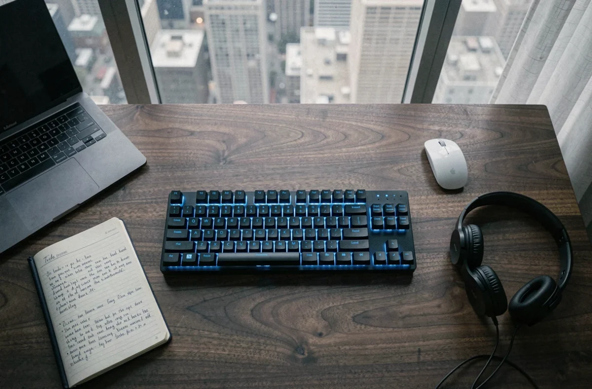 Vue de dessus d'un bureau de télétravail avec un clavier QWERTY tenkeyless rétroéclairé, un ordinateur portable, un cahier et un casque audio sur un bureau en noyer