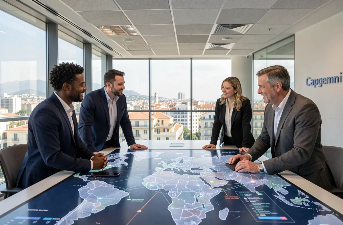Équipe de consultants en cybersécurité Capgemini collaborant autour d'une table numérique avec une carte de renseignements sur les menaces mondiales