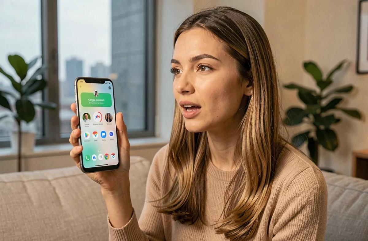 Femme utilisant l'assistant vocal pour effectuer une capture d'écran sur son téléphone Samsung