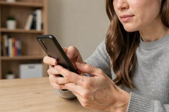 Femme faisant une capture d'écran sur Samsung Galaxy en appuyant sur les boutons physiques