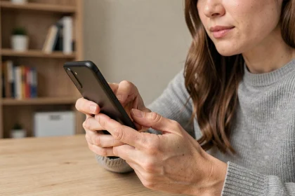 Femme faisant une capture d'écran sur Samsung Galaxy en appuyant sur les boutons physiques