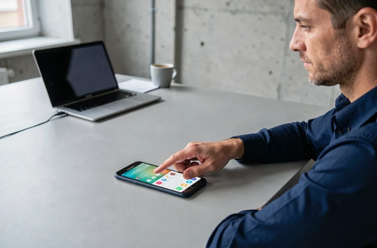 Homme utilisant le geste de balayage de la paume pour faire une capture d'écran sur Samsung