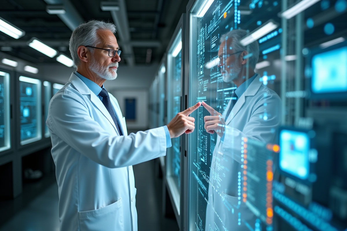 Chercheur en blouse blanche observant un ordinateur quantique