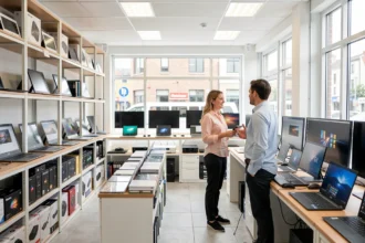 Client conseillé par un vendeur dans un magasin informatique