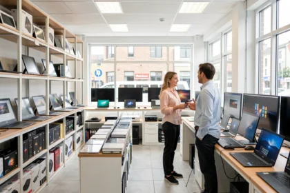 Client conseillé par un vendeur dans un magasin informatique