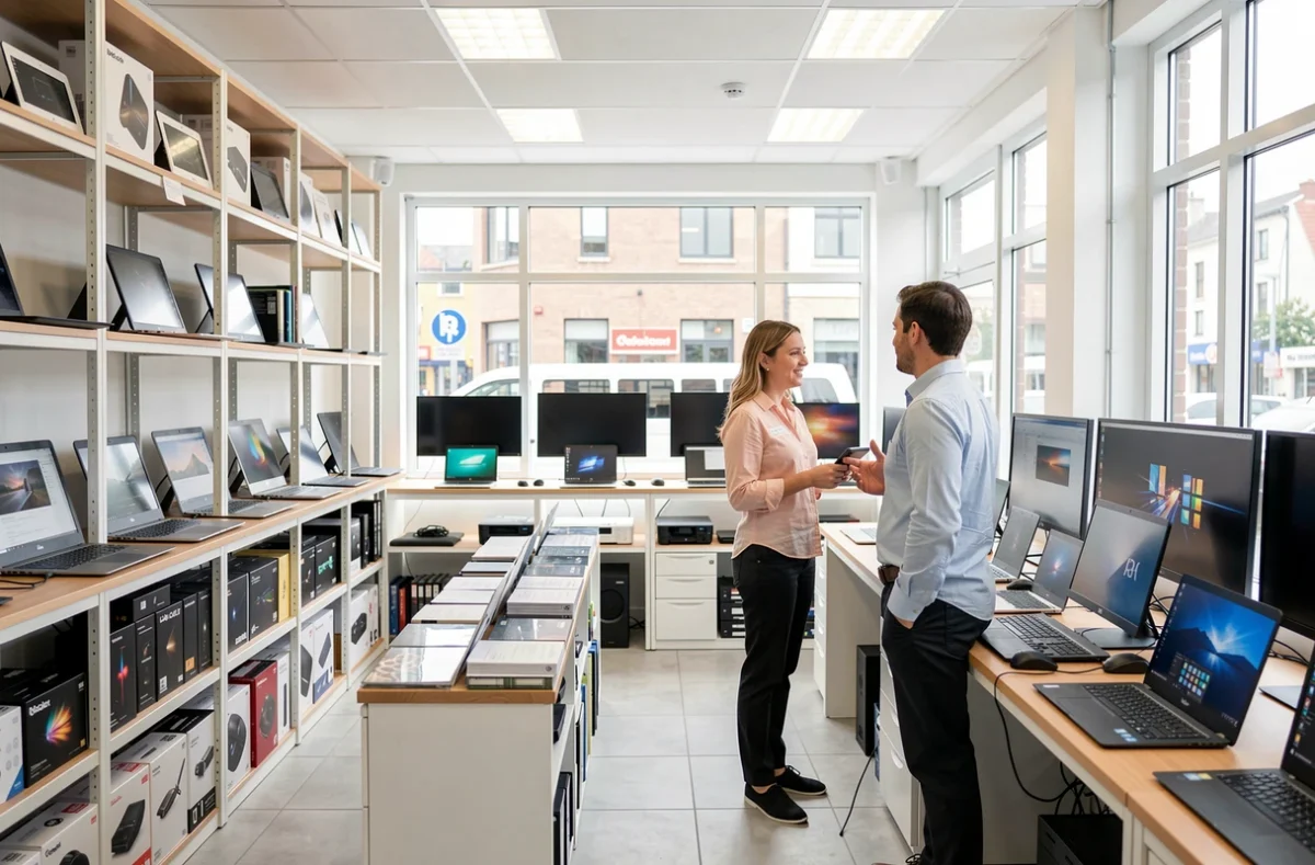 Client conseillé par un vendeur dans un magasin informatique