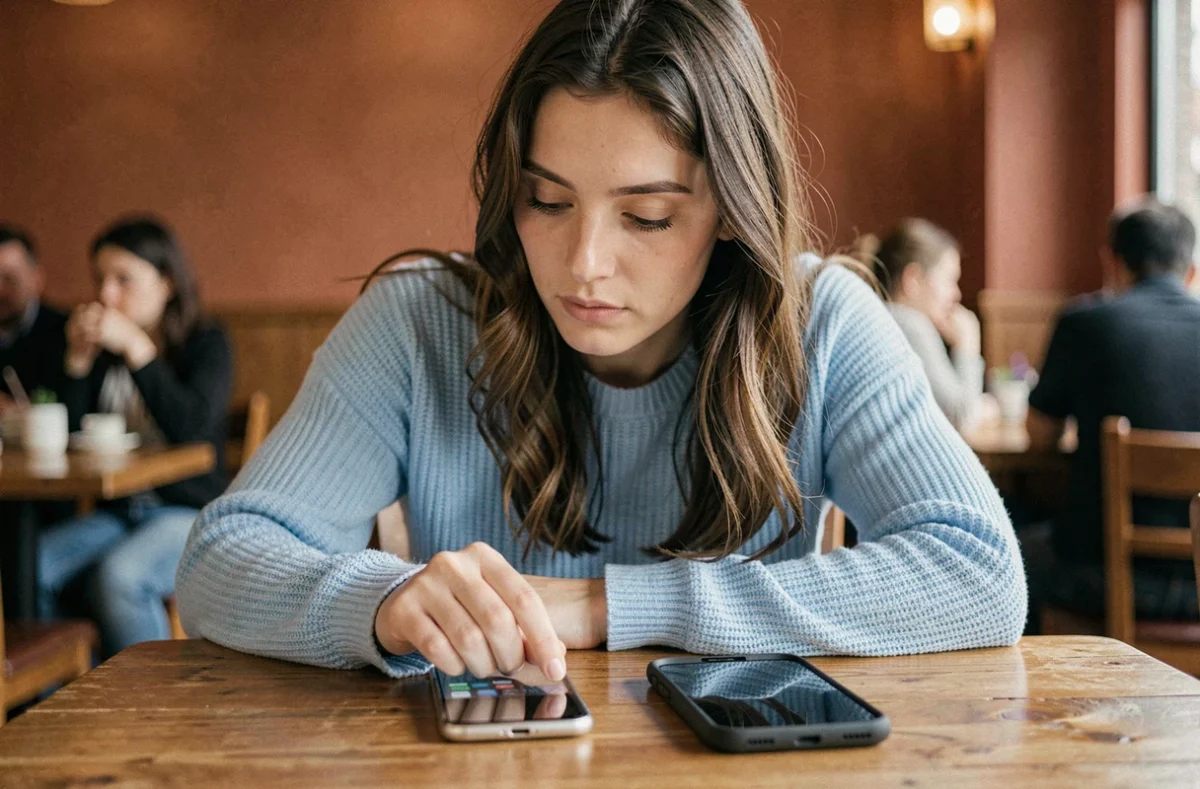 Femme comparant deux smartphones de tailles différentes sur une table de café, dont le petit format Samsung S22