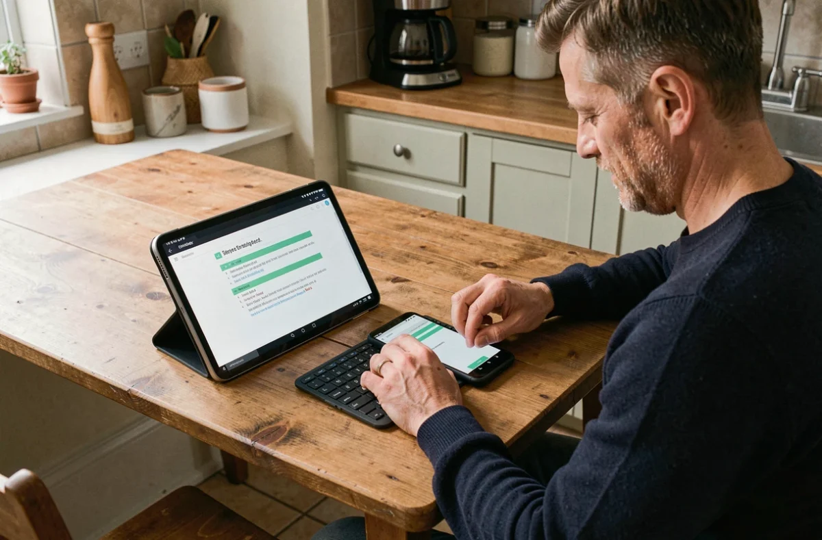 Homme paramétrant la messagerie Intranet Amiens sur Android depuis son domicile avec une tablette comme guide