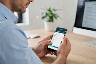 Homme configurant la messagerie Intranet Amiens sur un smartphone Android dans un bureau professionnel