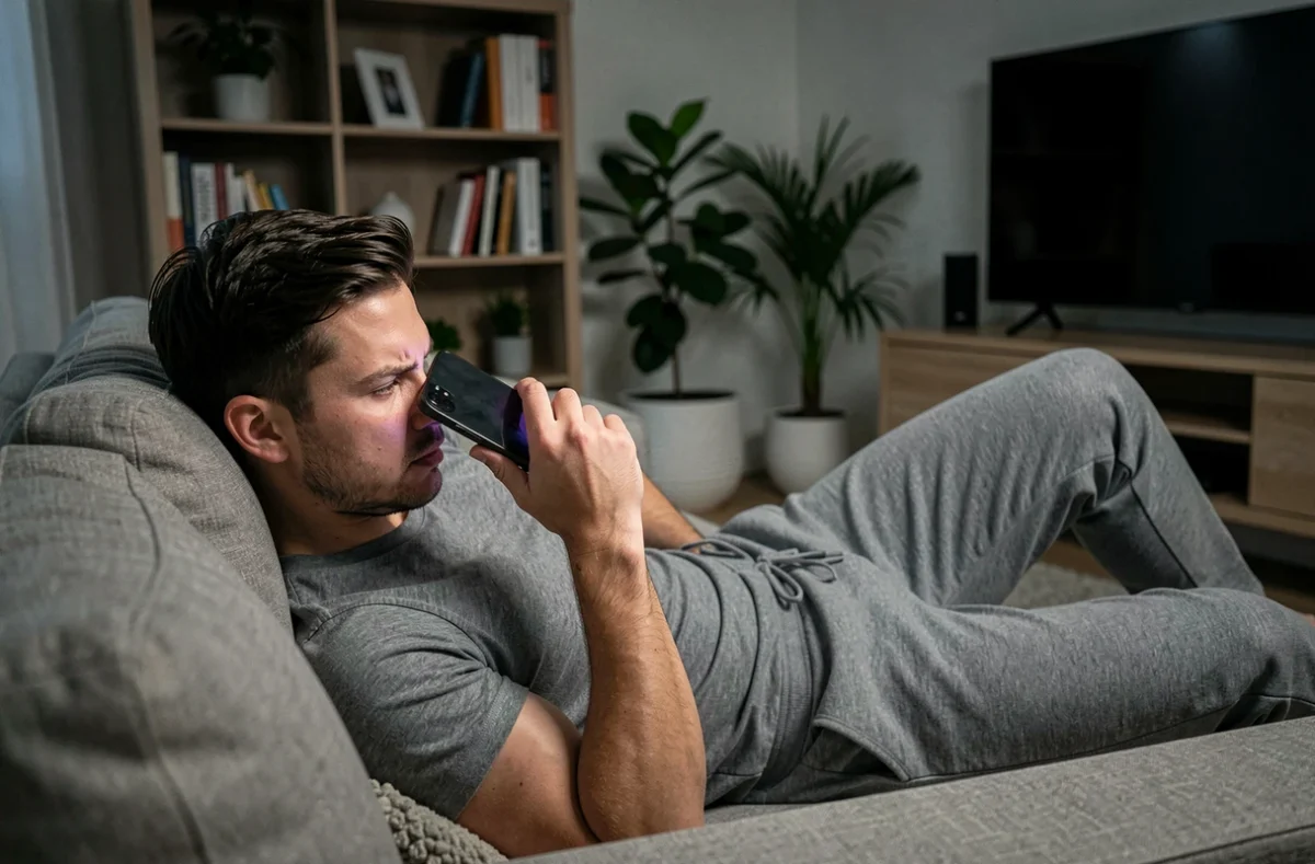 Homme allongé sur un canapé consultant Snapchat incognito sur son téléphone dans un appartement moderne