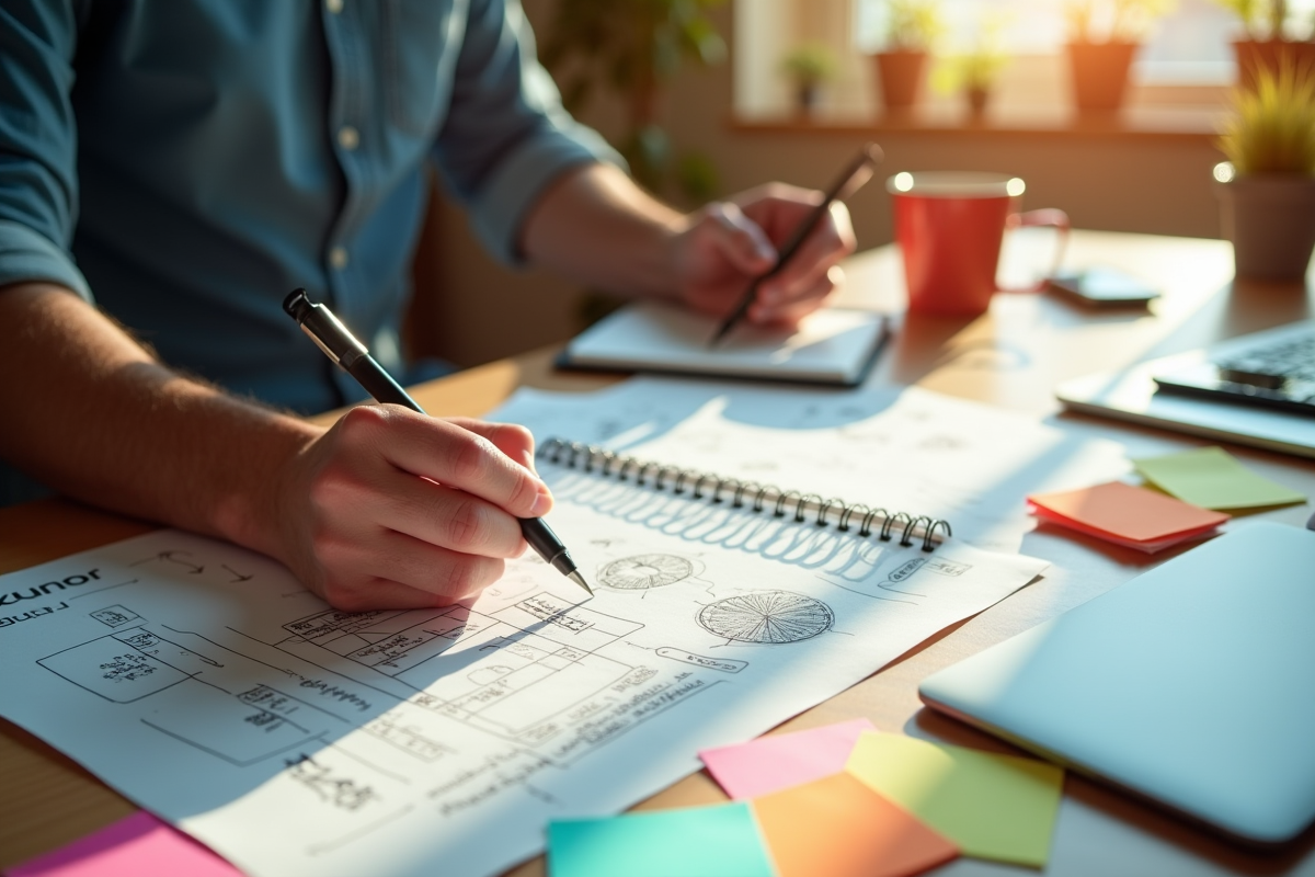 Designer web esquissant des wireframes responsive avec notes colorées