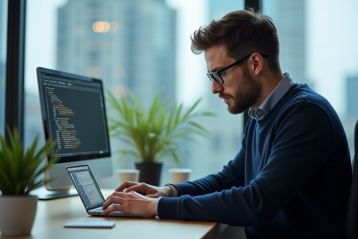 Jeune homme en informatique concentré sur son code