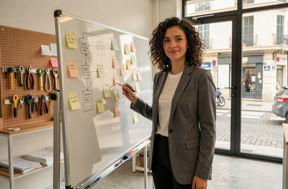 Designeuse web de l'agence Digimade présentant des maquettes UX sur un tableau blanc dans un bureau moderne