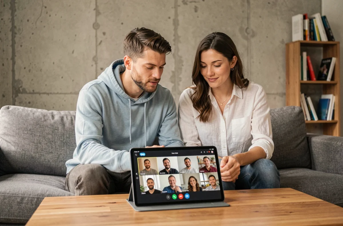 Deux personnes utilisant Skype sur tablette en salon pour participer à un appel vidéo de groupe