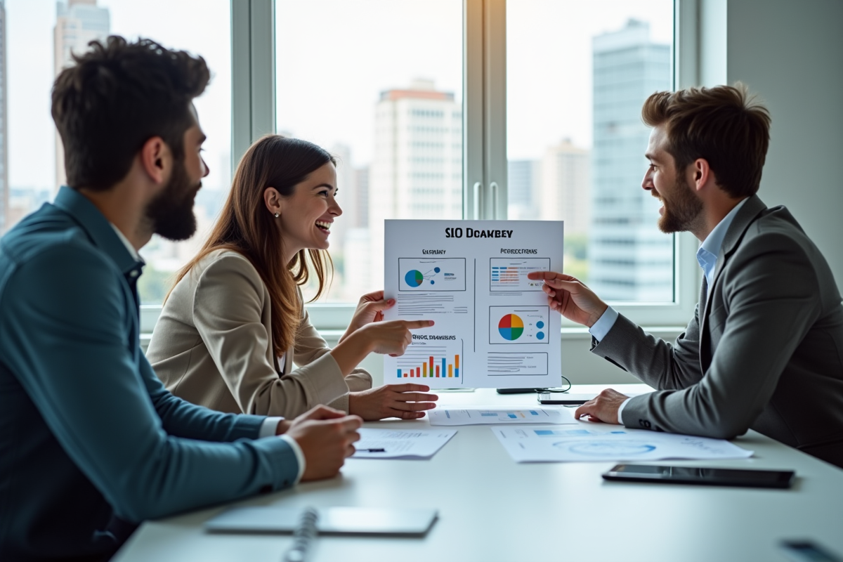 Groupe de professionnels discutant stratégie SEO autour d