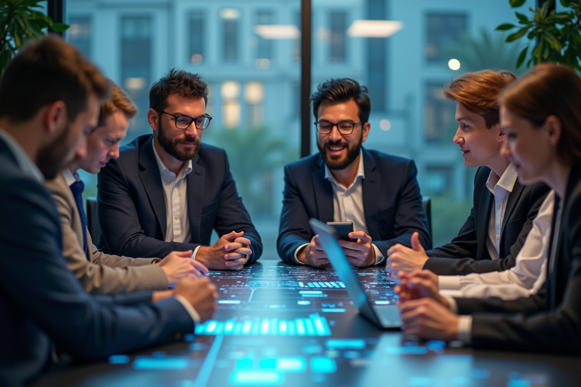 Groupe de professionnels marketing autour d'une table avec visualisations AI