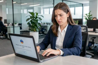 Femme professionnelle frustrée face à un message d'erreur de collage de données sur son ordinateur portable en bureau open space