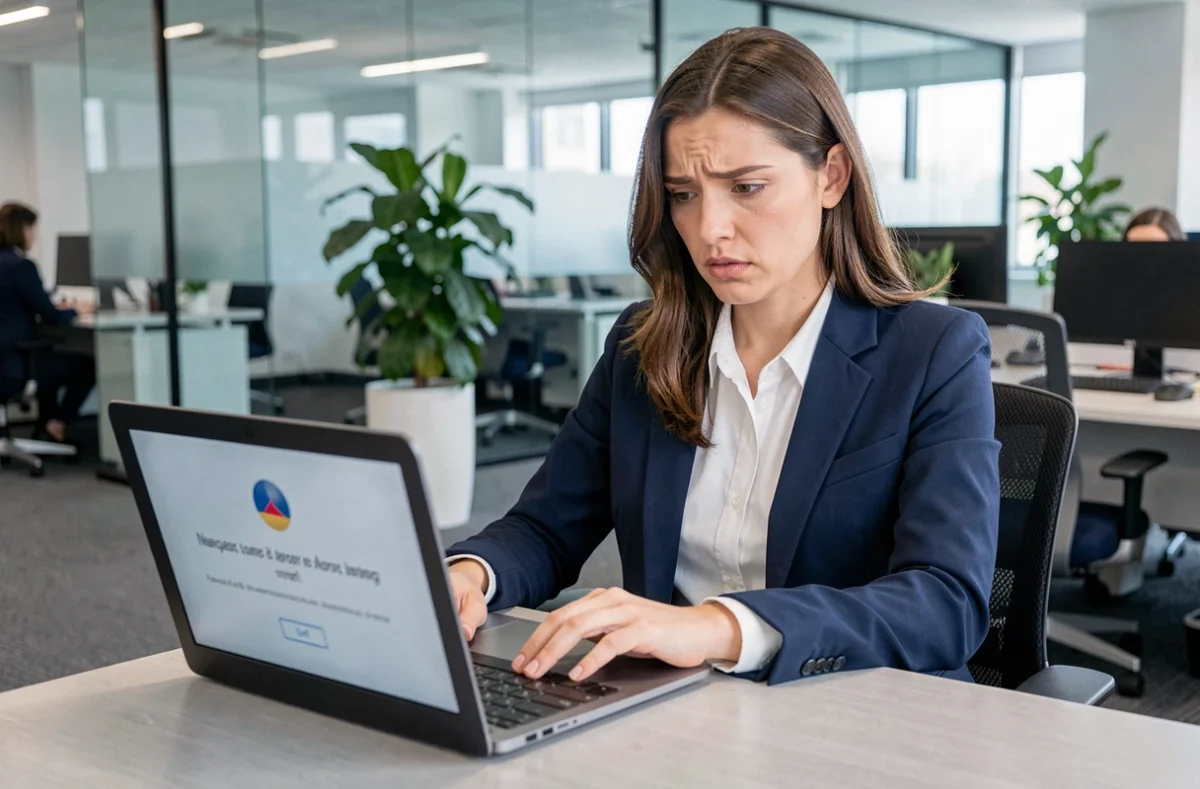 Femme professionnelle frustrée face à un message d'erreur de collage de données sur son ordinateur portable en bureau open space