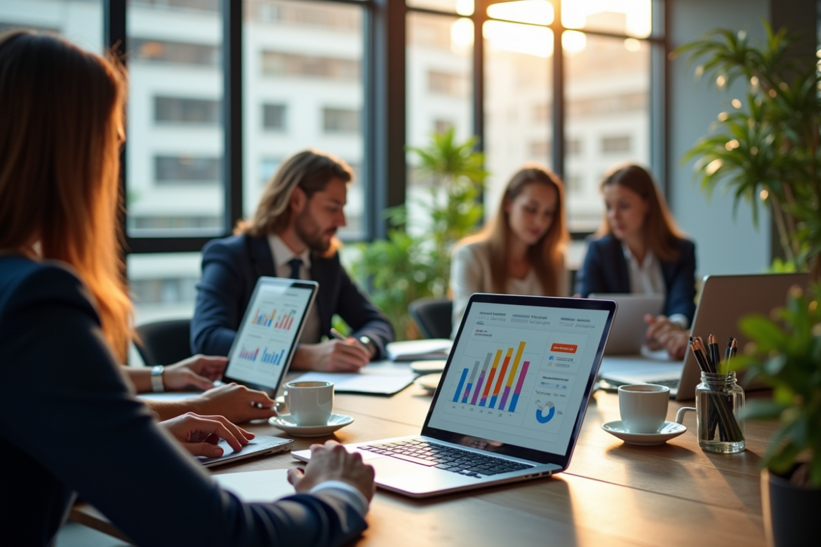Espace de travail moderne avec professionnels analysant des graphiques