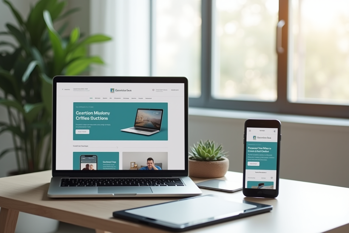 Espace de travail moderne avec ordinateur et tablette affichant un site responsive