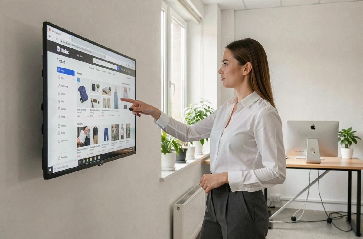 Chef de projet de l'agence Espace Web présentant une interface e-commerce sur grand écran dans un bureau aéré