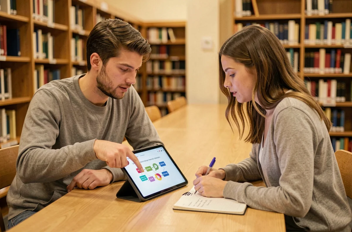 Deux étudiants apprenant Python ensemble dans une bibliothèque universitaire grâce à un tutoriel illustré sur tablette, symbolisant l'accessibilité de la programmation aux débutants