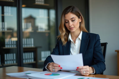 Femme d'affaires en revue de documents financiers dans un bureau