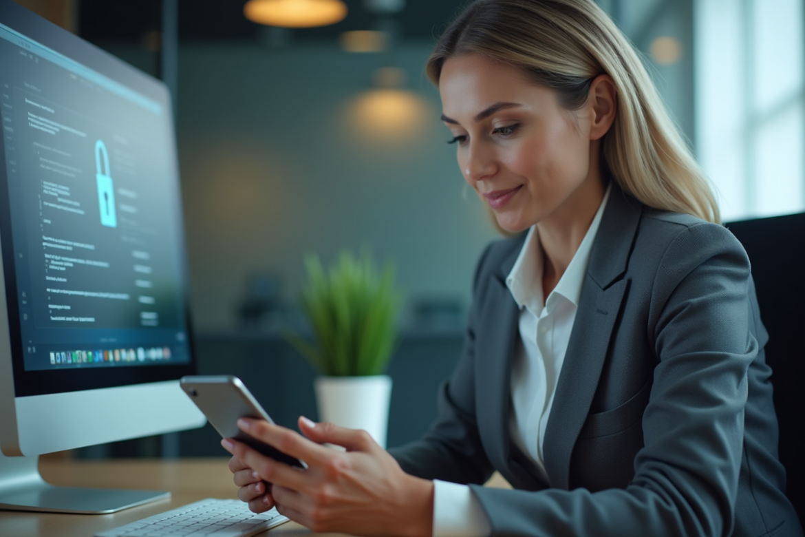 Femme d affaires concentrée sur son smartphone dans un bureau