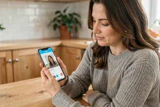 Femme utilisant l'application Skype sur smartphone Android depuis sa cuisine pour passer un appel vidéo