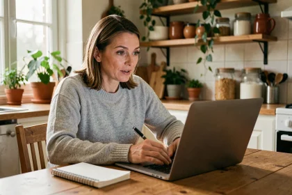 Femme apprenant Python sur un ordinateur portable dans une cuisine chaleureuse, illustrant l'apprentissage de la programmation pour non-informaticiens