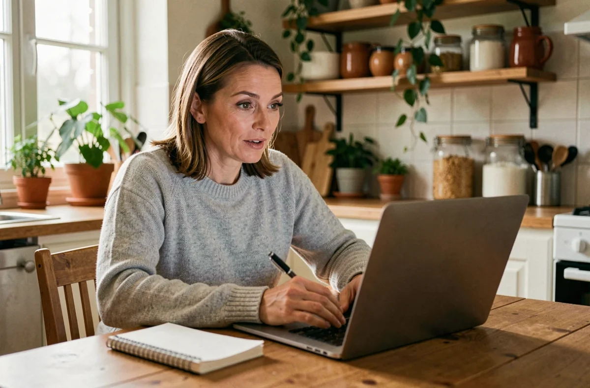 Femme apprenant Python sur un ordinateur portable dans une cuisine chaleureuse, illustrant l'apprentissage de la programmation pour non-informaticiens