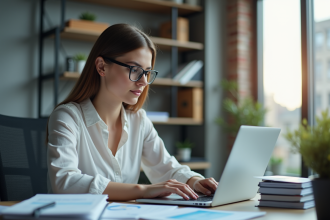 Jeune femme au bureau travaillant sur son ordinateur portable