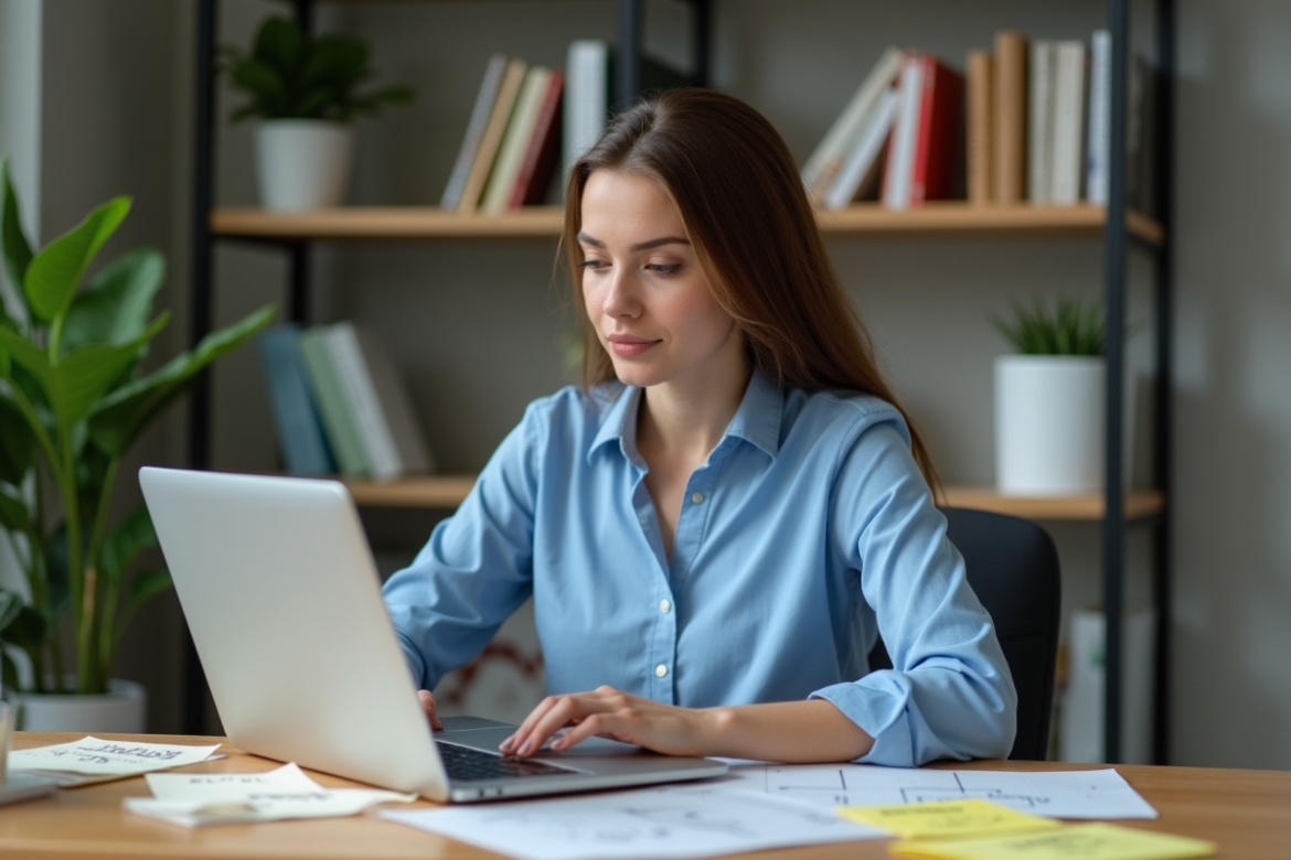 Jeune femme au bureau travaillant sur son ordinateur