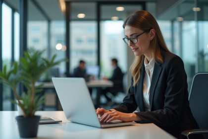 Femme professionnelle au bureau utilisant un ordinateur