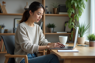 Jeune femme au bureau comparant deux onglets de navigateur