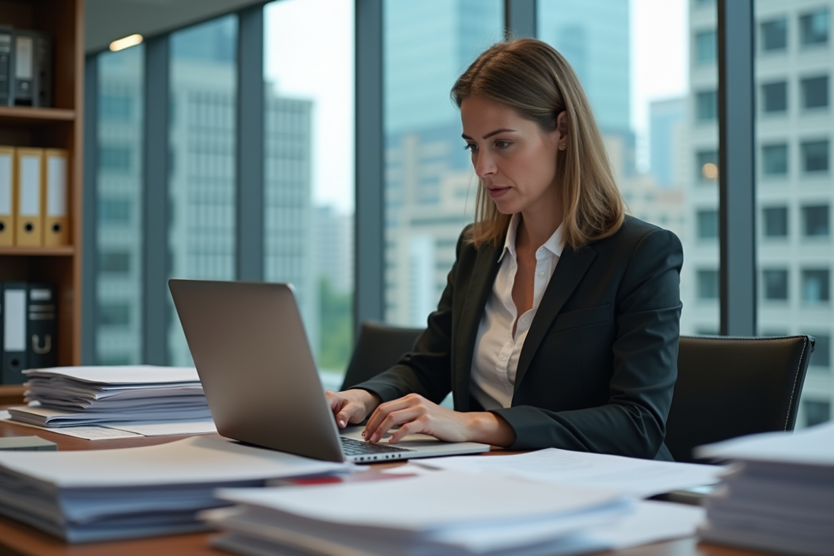 Femme d affaires examinant des papiers dans un bureau moderne