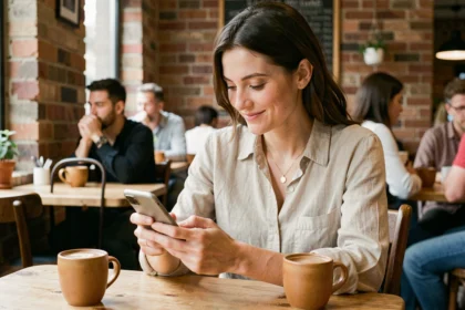 Femme célibataire souriante utilisant une application de rencontre comme Net Ech dans un café urbain