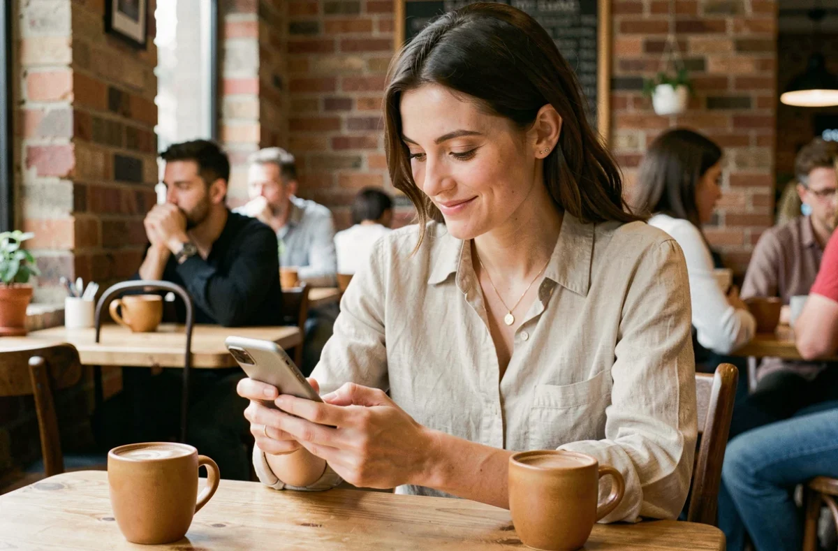 Femme célibataire souriante utilisant une application de rencontre comme Net Ech dans un café urbain