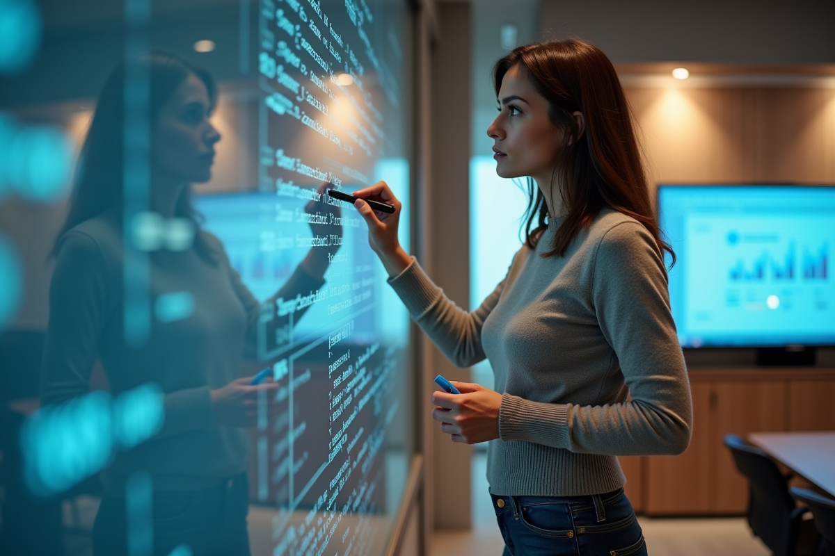Femme en réunion écrivant du code sur un tableau