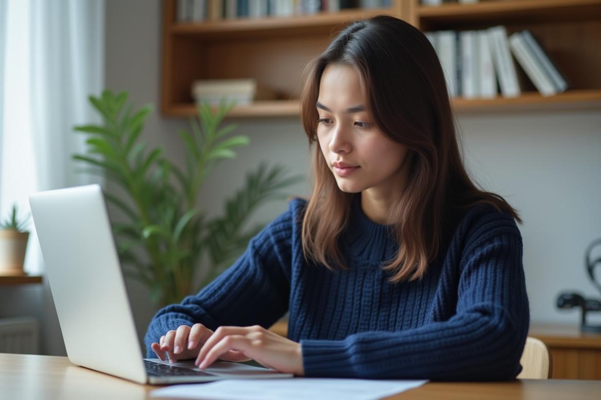 Jeune femme concentrée en train d'encrypter un document