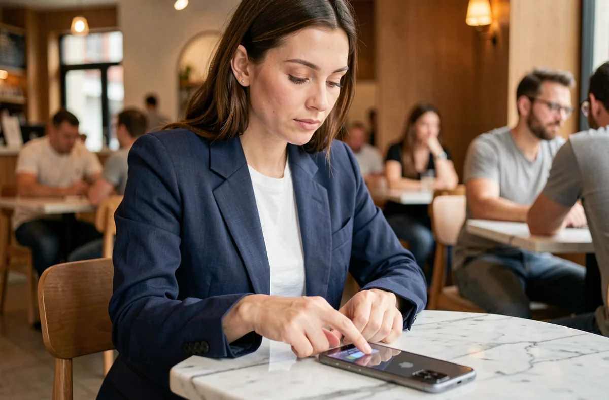 Femme utilisant un iPhone 16 dans un café moderne, découvrant les mises à jour Apple 2026